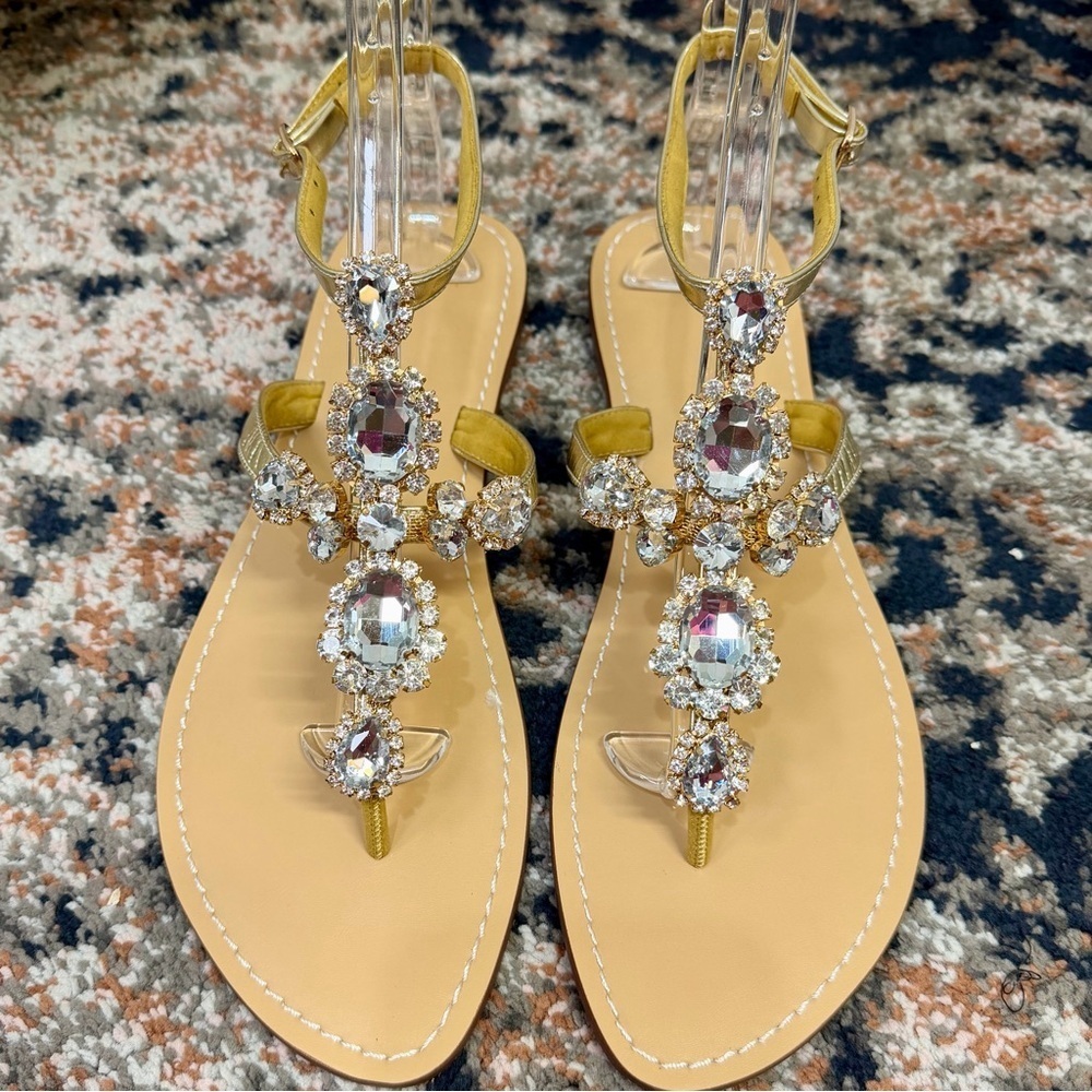 NWT Gold Sparkling Boho Gem & Crystal Encrusted Gladiator Flat Sandals Size 12